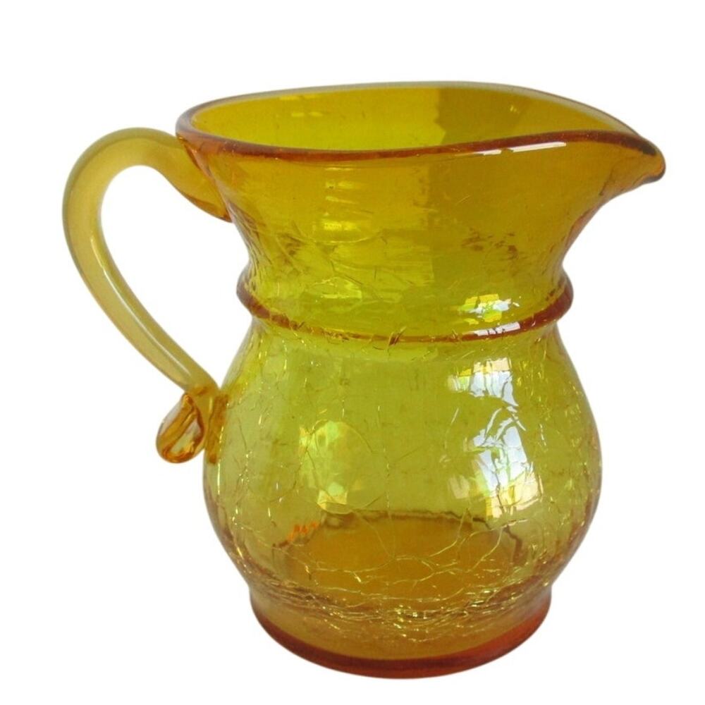 Vintage Amber Yellow Crackle Glass Mini 3.5" Pitcher Creamer With Handle